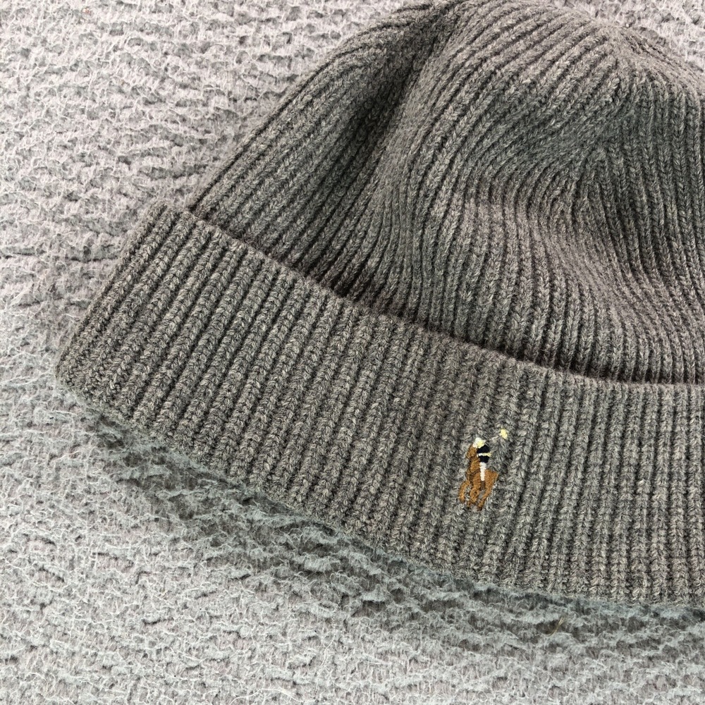 Polo Ralph Lauren Hat Light‎ Gray Knit Signature  Wool Cuff Ribbed Beanie Pony